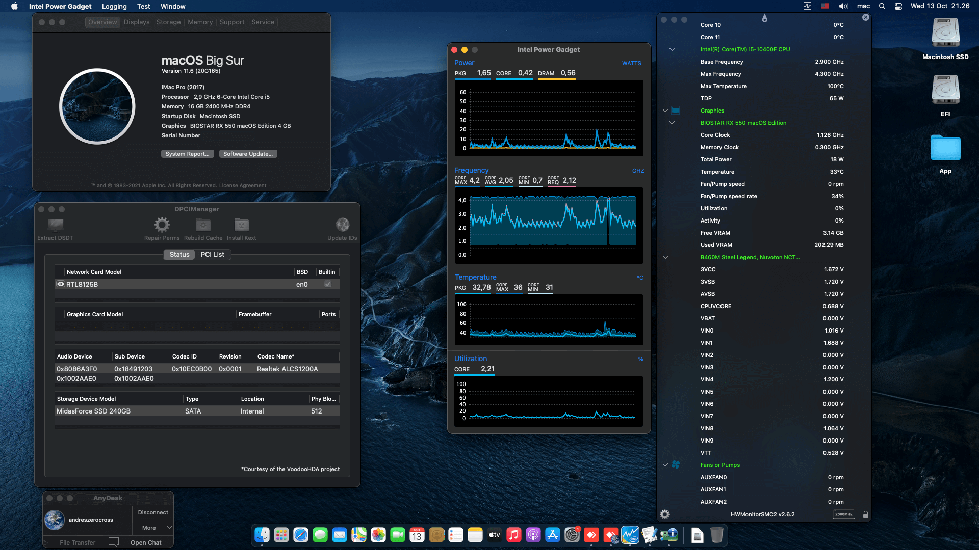 Success Hackintosh macOS Big Sur 11.6 Build 20G165 in Asrock B460M Steel Legend + Intel Core i5 10400F + Biostar RX 550